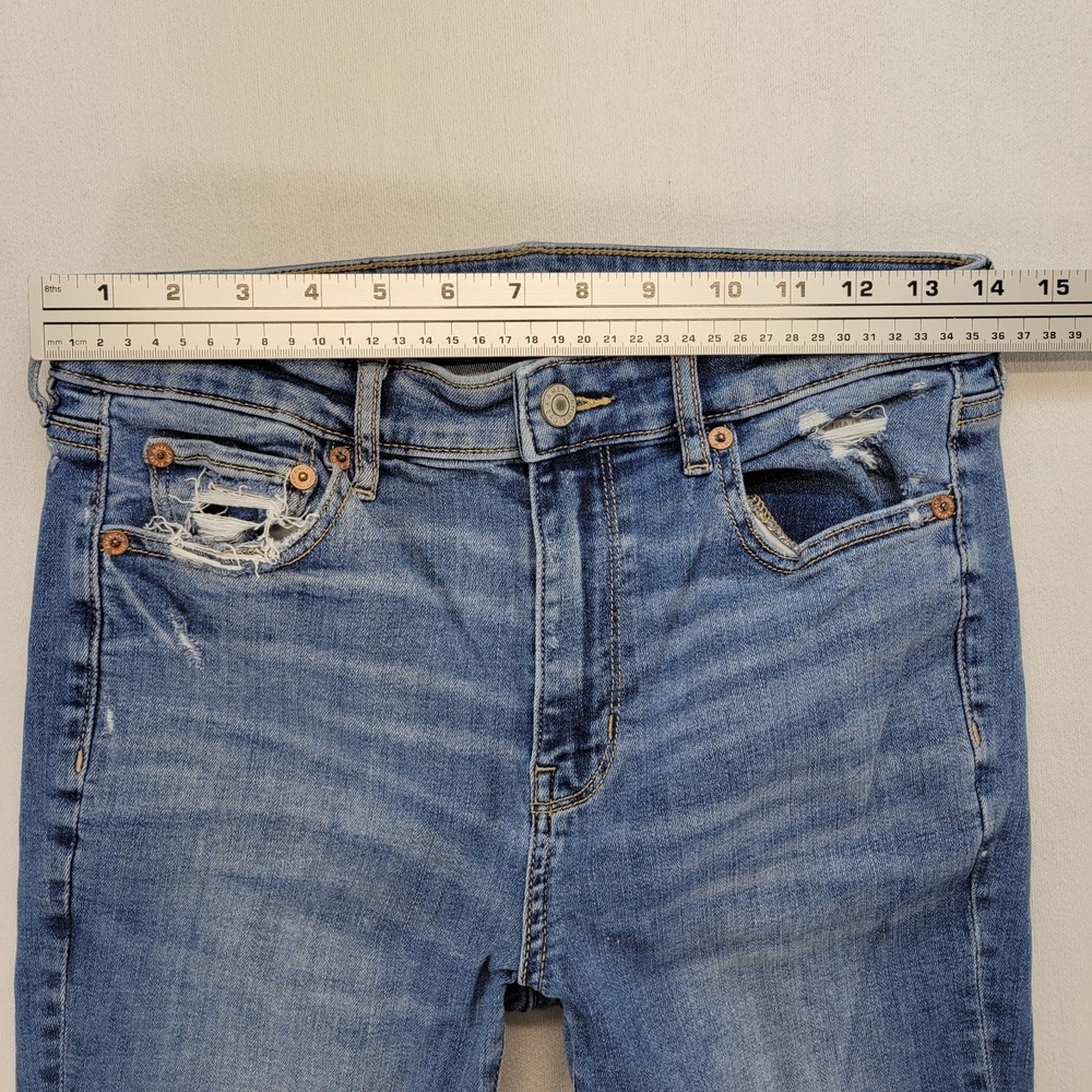 American Eagle Jeans Womens 4 Super High Rise Flare Raw Hem Stretch Ripped Denim - Picture 9 of 11